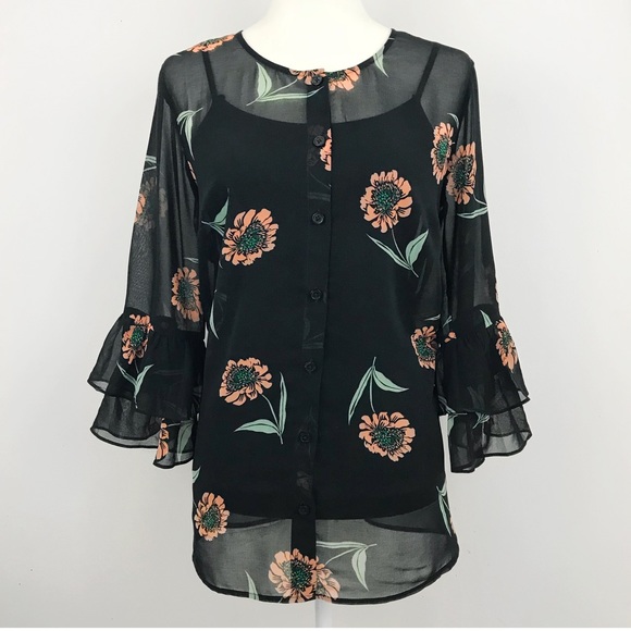 CAbi Tops - CAbi La Di Da Sheer Floral Quarter Bell Sleeve Top